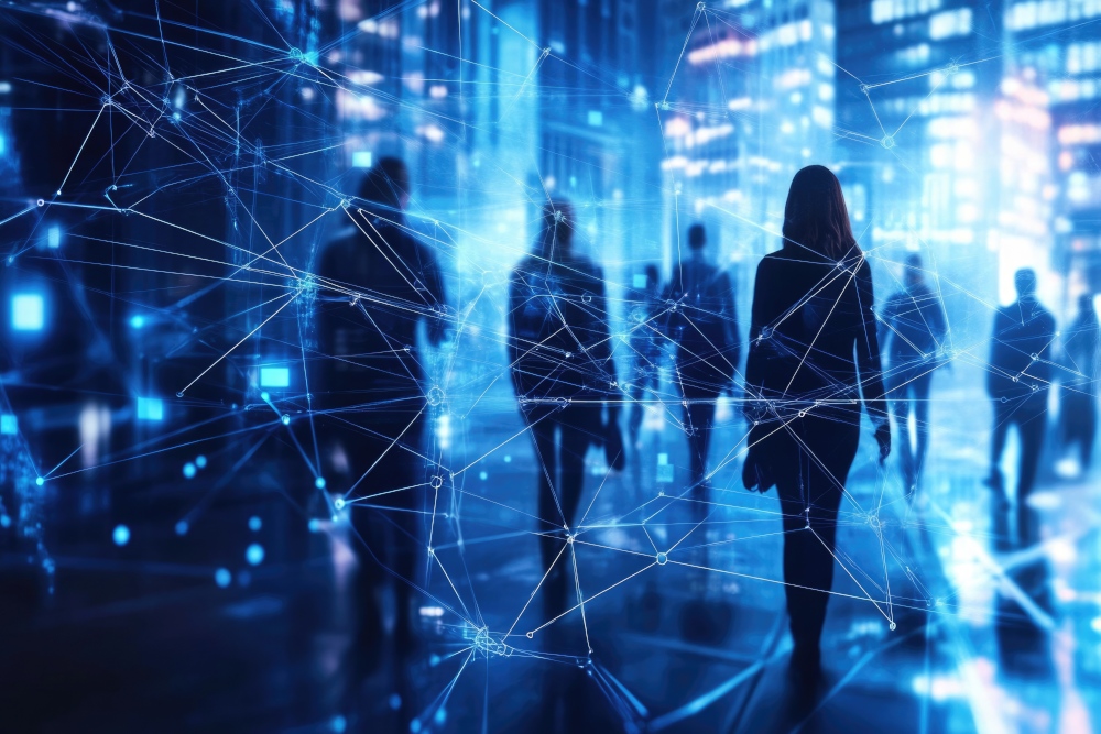 People walking together in nighttime cityscape overlaid with network of dots and lines