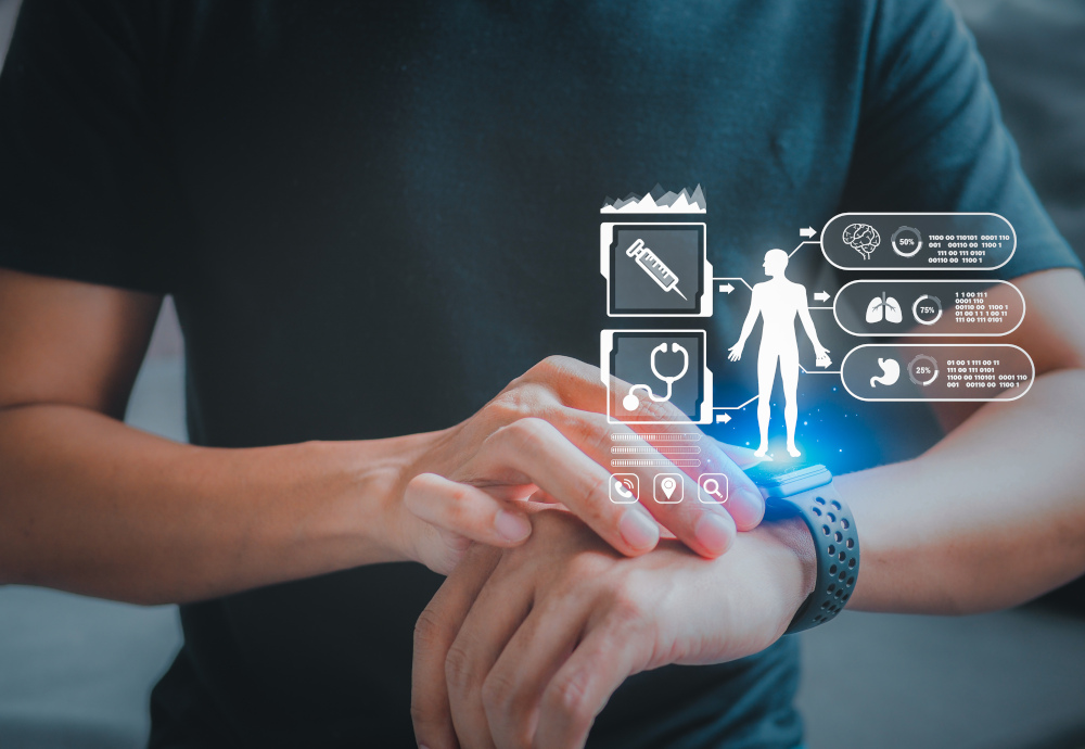 Man using watch as it projects holographic display of medical information