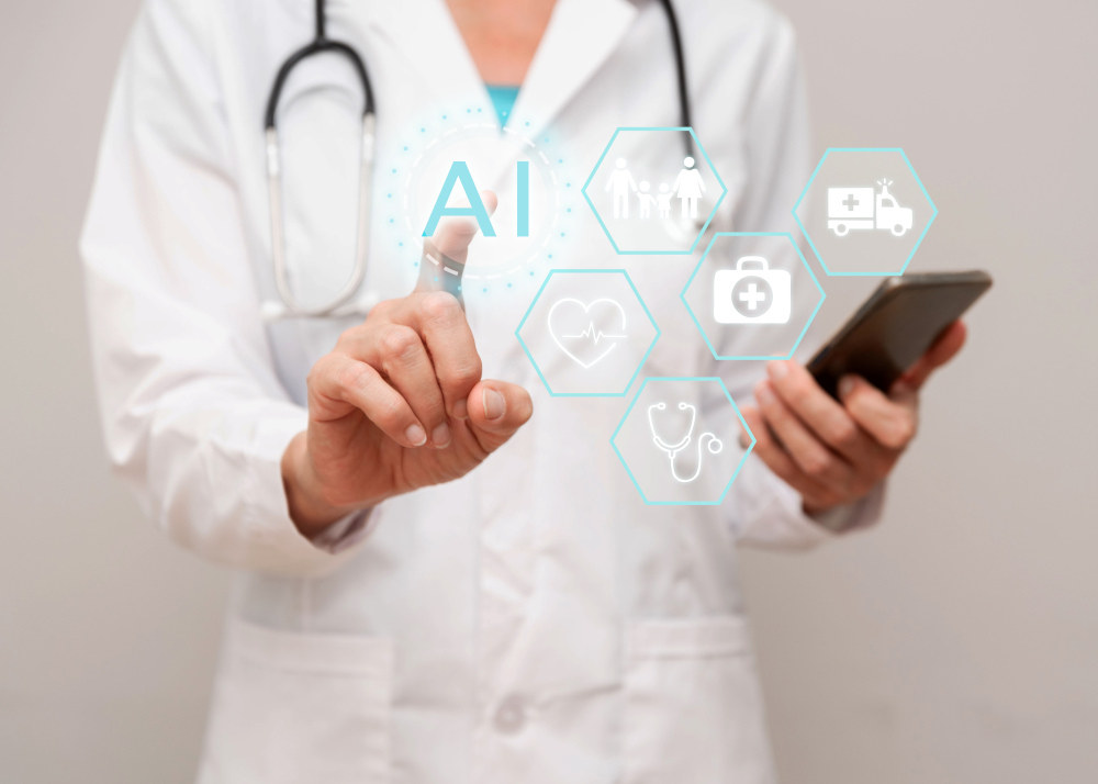 Doctor interacting with holographic display of various icons relating to AI and healthcare